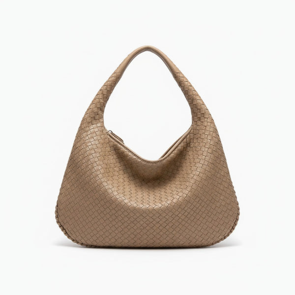 Front view of khaki woven vegan leather hobo bag with wide handle and zipper opening