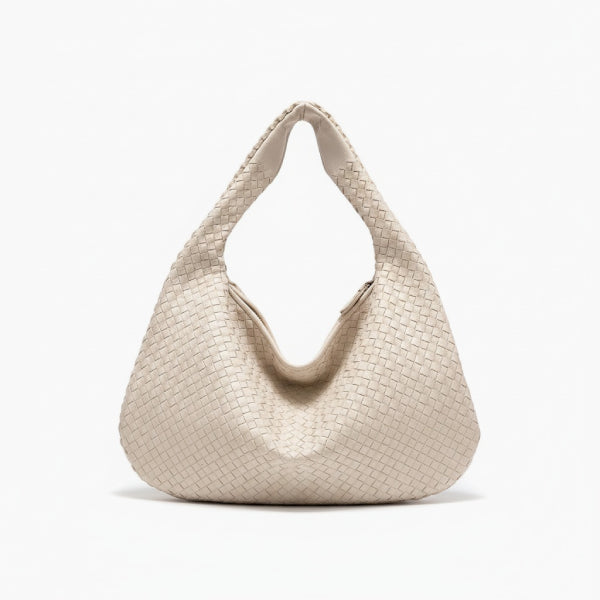Front view of white woven vegan leather hobo bag with zipper closure and wide handle