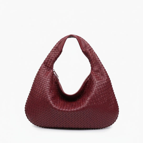 Front view of wine red woven vegan leather hobo bag with wide handle, zipper opening, and detailed texture