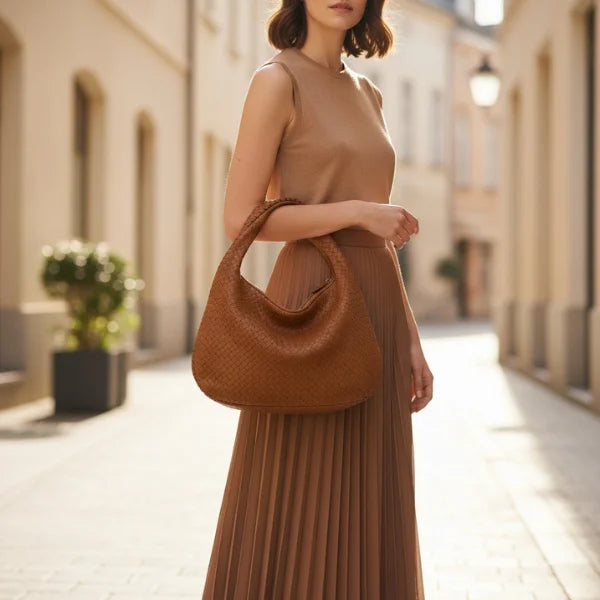 Valencia Vegan Leather Hobo Bag in brown, model holding woven crescent hobo to showcase elegant everyday style