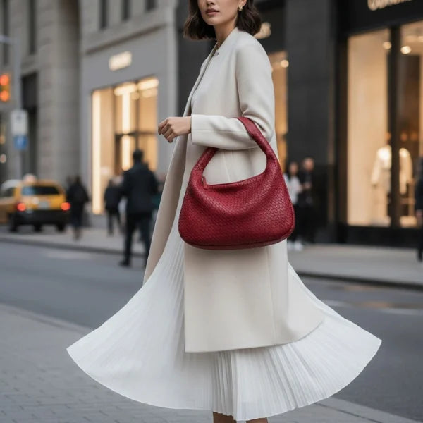 Model standing in an urban setting with a red woven vegan leather hobo bag, wearing a white dress and beige coat