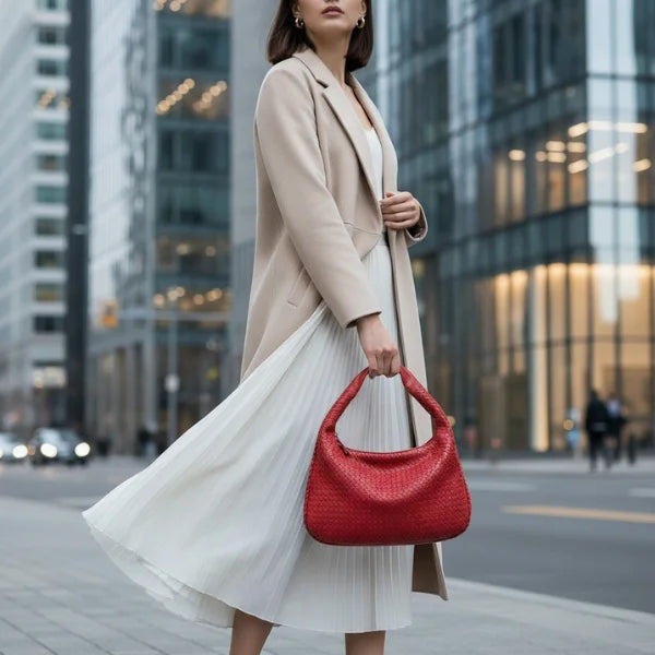Model holding red woven vegan leather hobo bag with braided handle, zipper closure, and spacious design in urban setting