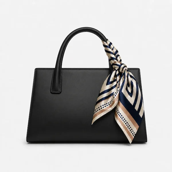 A structured black leather handbag with a top handle, styled with a patterned silk scarf tied around the handle, set against a plain light gray background.