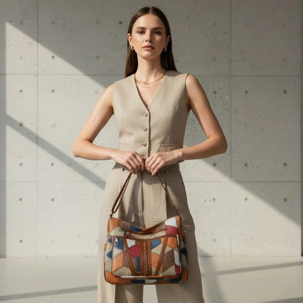 Vera Vegan Leather Crossbody Bag in brown, lifestyle model shot hand-carrying the patchwork bag to show size and handle drop