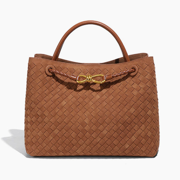 Front view of the Veyra vegan leather tote bag in brown, showcasing its stylish woven pattern and luxurious gold-tone knot accent