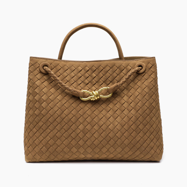 Front view of the Veyra vegan leather tote bag in caramel color, featuring the elegant woven texture and chic gold-tone knot accent