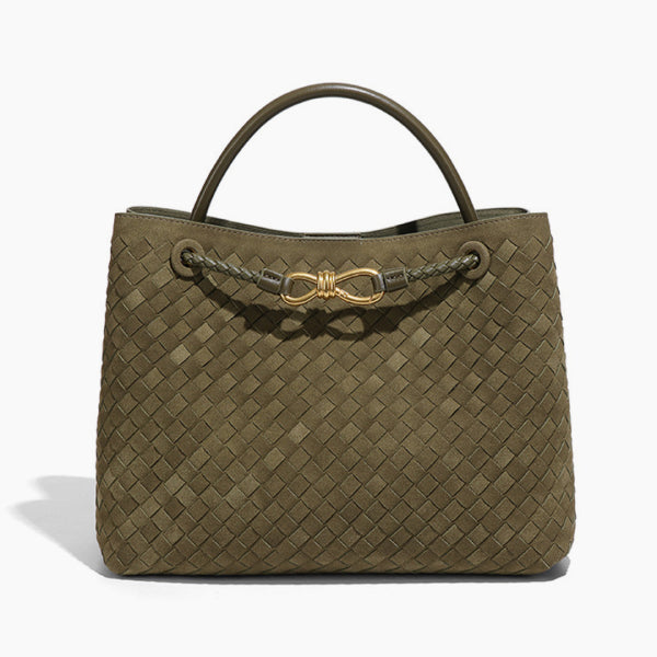 Front view of the Veyra vegan leather tote bag in green, showcasing the sophisticated woven texture and luxurious gold-tone knot accent