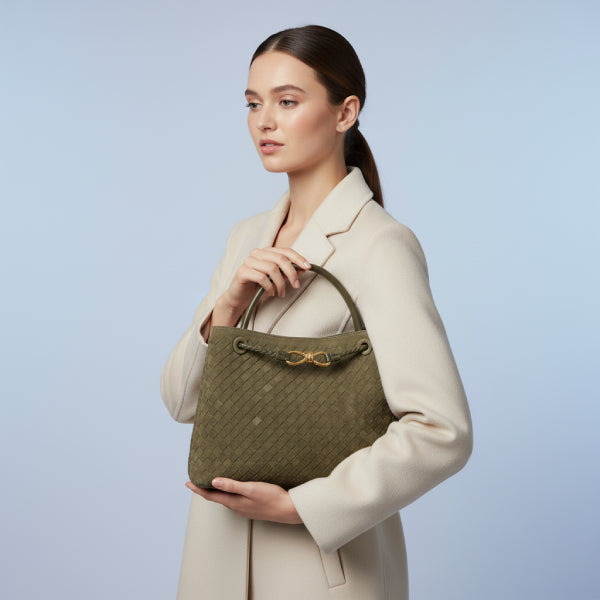 Model carrying the Veyra vegan leather tote bag in green, styled with a chic coat, highlighting the modern and refined design
