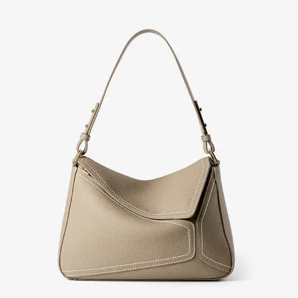 Front view of Virella beige leather hobo bag with white contrast stitching and elegant gold hardware