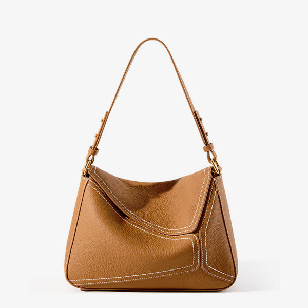 Front view of Virella brown leather hobo bag with contrast white stitching and gold accents