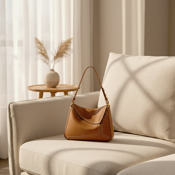 Virella brown leather hobo bag placed on a beige sofa in a cozy living room with natural light and soft shadows