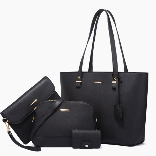 Front view of the Vivienne vegan leather tote bag in black, featuring a minimalist design with gold-tone details and comfortable handles