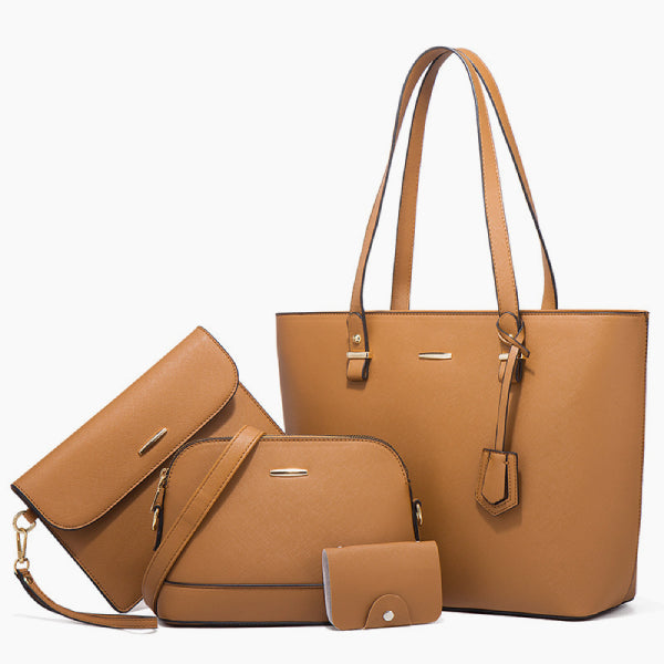 Front view of the Vivienne vegan leather tote bag in brown, featuring minimalist design with gold-tone details and comfortable handles