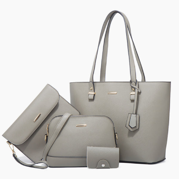 Front view of the Vivienne vegan leather tote bag in gray, showcasing its minimalist design with gold-tone details and comfortable handles