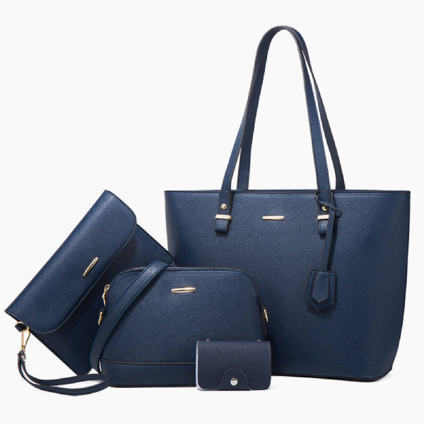 Front view of the Vivienne vegan leather tote bag in navy blue, featuring a minimalist design with gold-tone details and durable handles