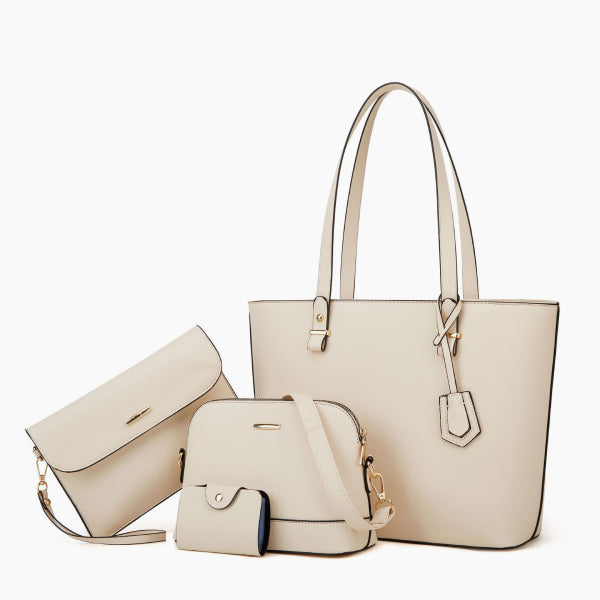 Front view of the Vivienne vegan leather tote bag in off-white, featuring a minimalist design with gold-tone details and comfortable handles