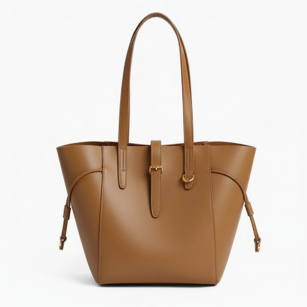 Front view of the Zairen genuine cowhide tote bag in brown with sleek design and adjustable side straps