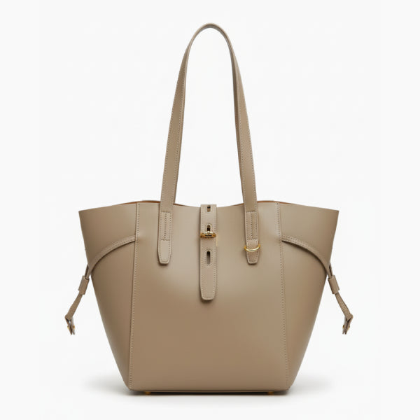 Front view of the Zairen genuine cowhide tote bag in khaki with sleek design and adjustable side straps