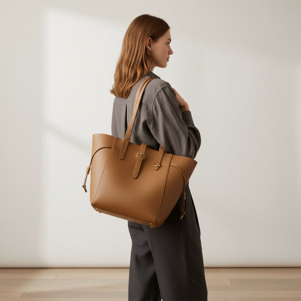 Model wearing a gray suit and carrying the brown Zairen genuine cowhide tote bag in an indoor setting