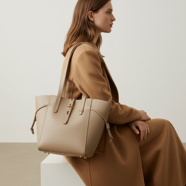 Model wearing a beige coat, holding the khaki Zairen genuine cowhide tote bag in a minimalist indoor setting