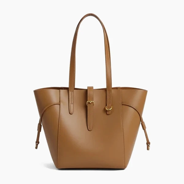 Zairen Genuine Leather Tote Bag in brown, front view with sleek design and adjustable side straps