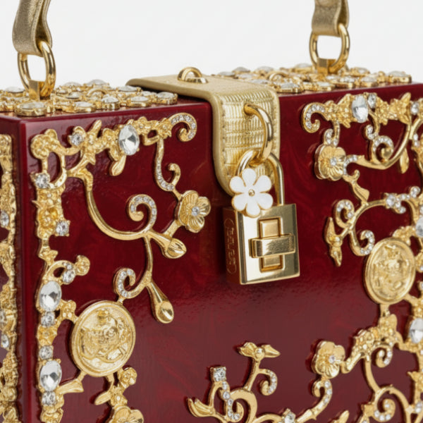 Close-up of Zephyra acrylic evening bag in red with intricate gold floral accents and lock clasp