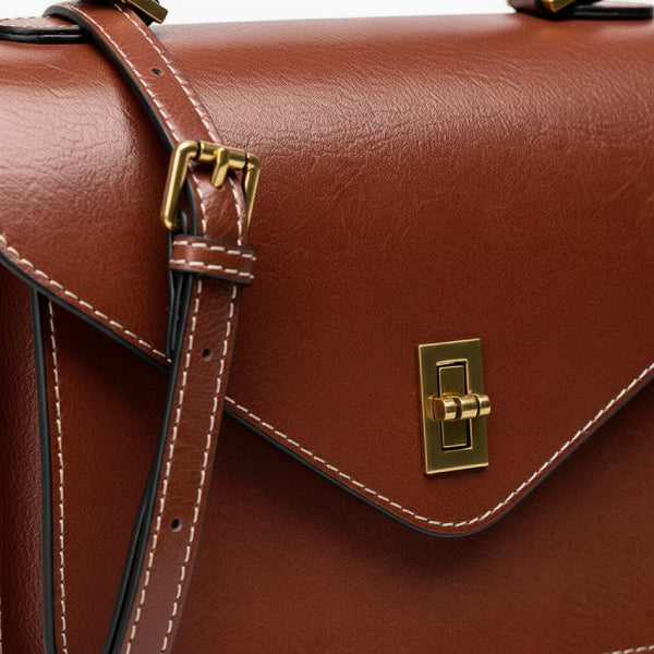Close-up of the gold-tone clasp on the brown genuine leather satchel bag, highlighting the intricate design and quality craftsmanship